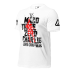 White t-shirt angled left, featuring distressed "Mako Three Zero Charlie John Chapman" text with DIA logo on the sleeve.