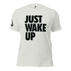 Silver t-shirt, front view, featuring the text "JUST WAKE UP" in a bold black font and a DIA logo.