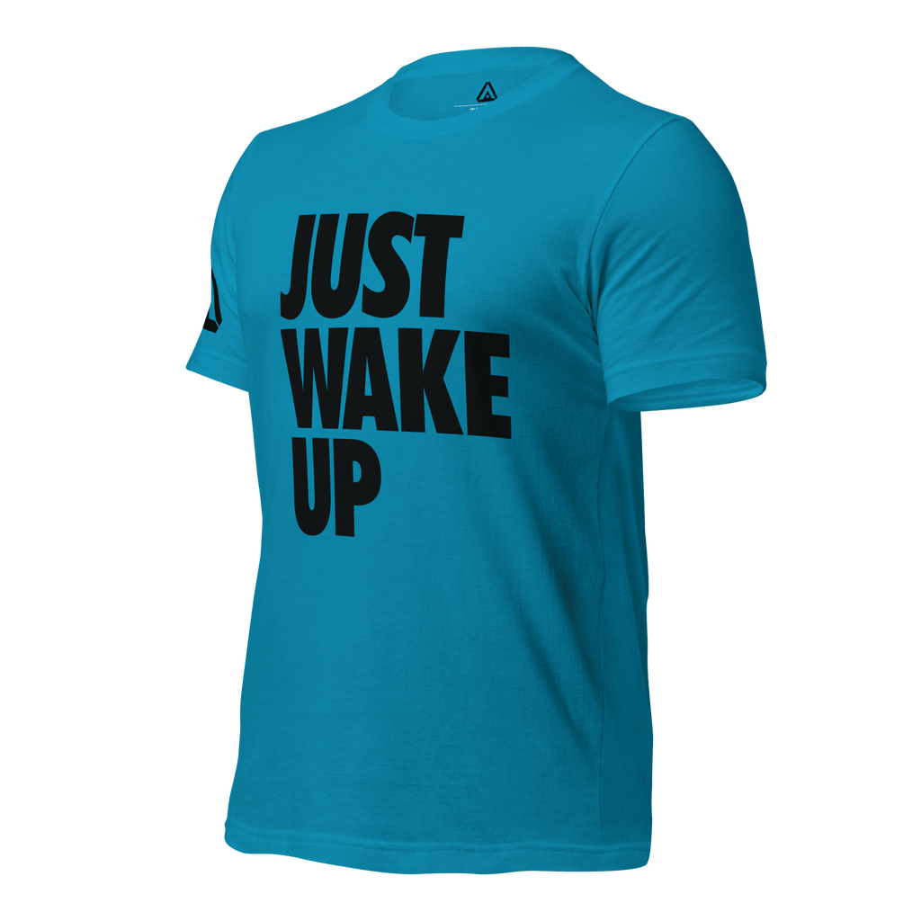 Bright blue t-shirt, three-quarter view angled to the right, featuring "JUST WAKE UP" text