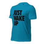 Bright blue t-shirt, three-quarter view angled to the right, featuring "JUST WAKE UP" text