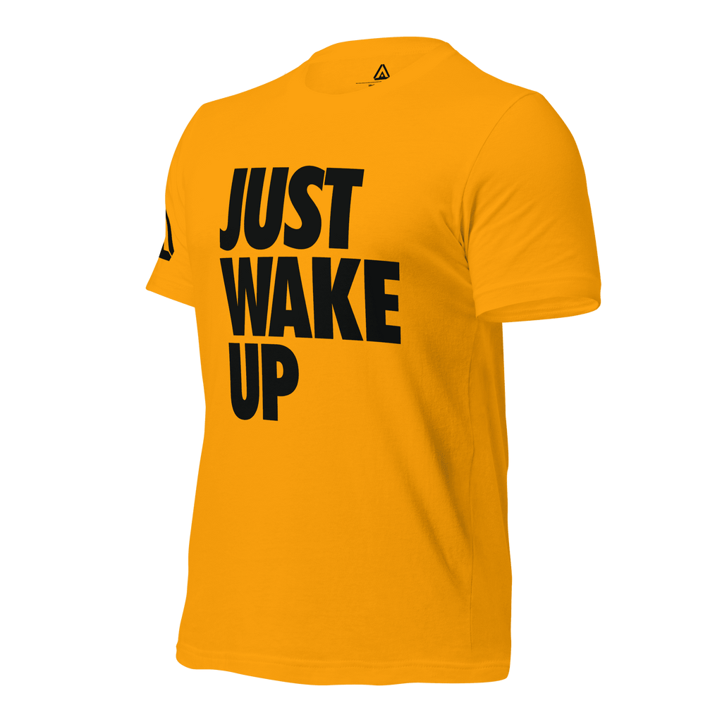 Yellow-Gold t-shirt, three-quarter view angled to the right, featuring "JUST WAKE UP" text