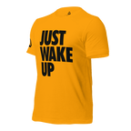 Yellow-Gold t-shirt, three-quarter view angled to the right, featuring "JUST WAKE UP" text