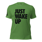 Leaf green t-shirt, front view, featuring the text "JUST WAKE UP" in a bold black font and a DIA logo.