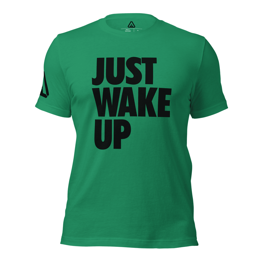 Green t-shirt, front view, featuring "JUST WAKE UP" in a bold black font and a DIA logo.