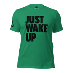 Green t-shirt, front view, featuring "JUST WAKE UP" in a bold black font and a DIA logo.