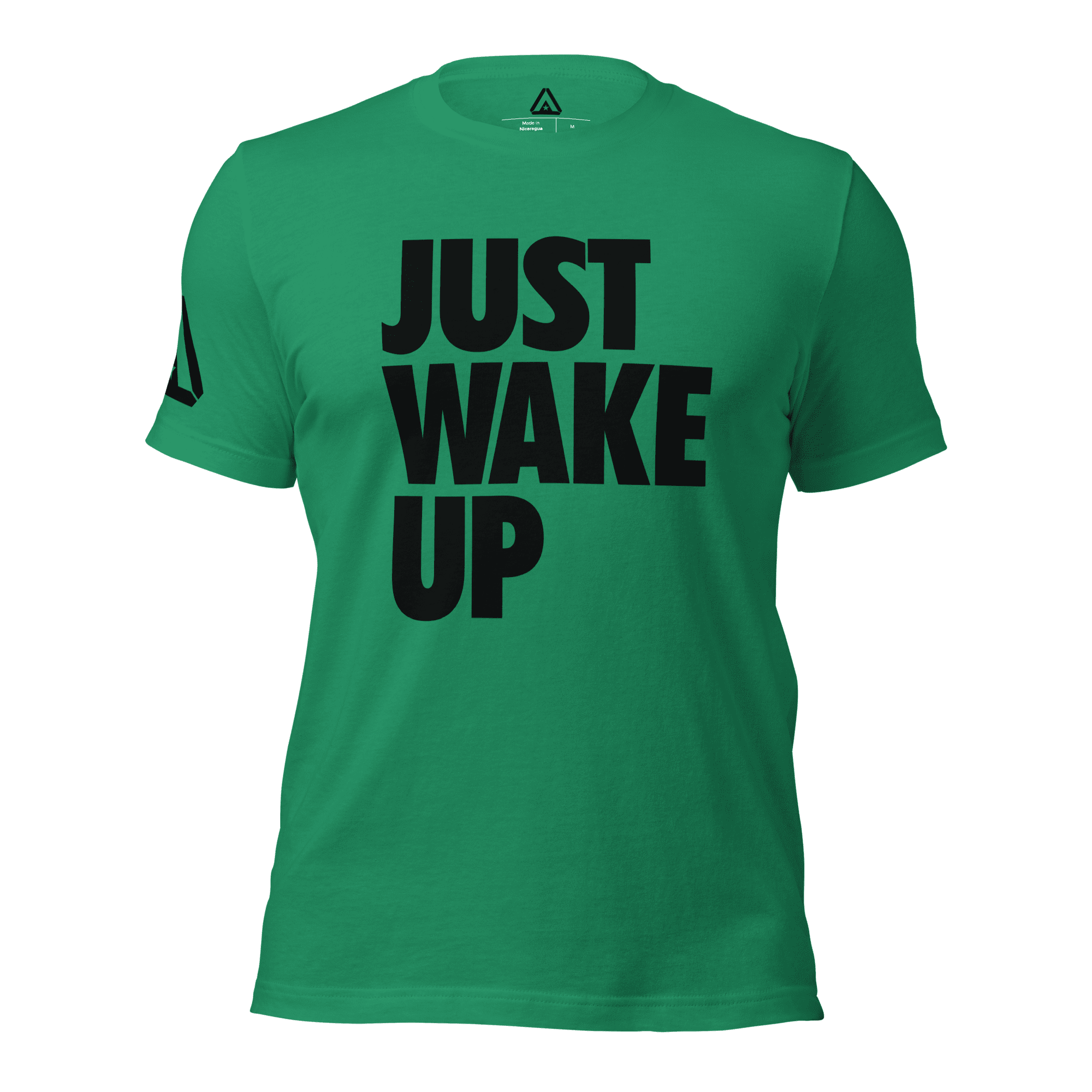 Green t-shirt, front view, featuring "JUST WAKE UP" in a bold black font and a DIA logo.