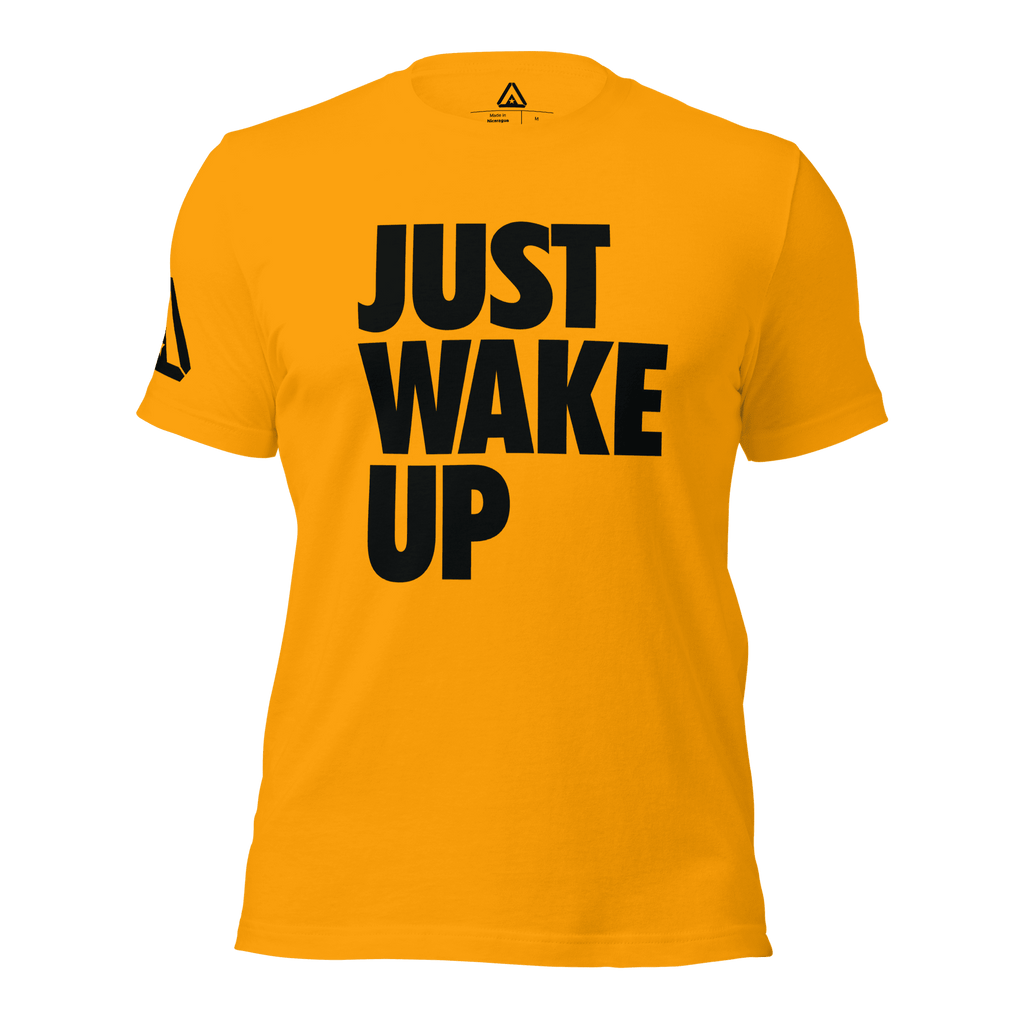 Yellow-Gold t-shirt, front view, featuring the text "JUST WAKE UP" in a bold black font and a DIA logo.
