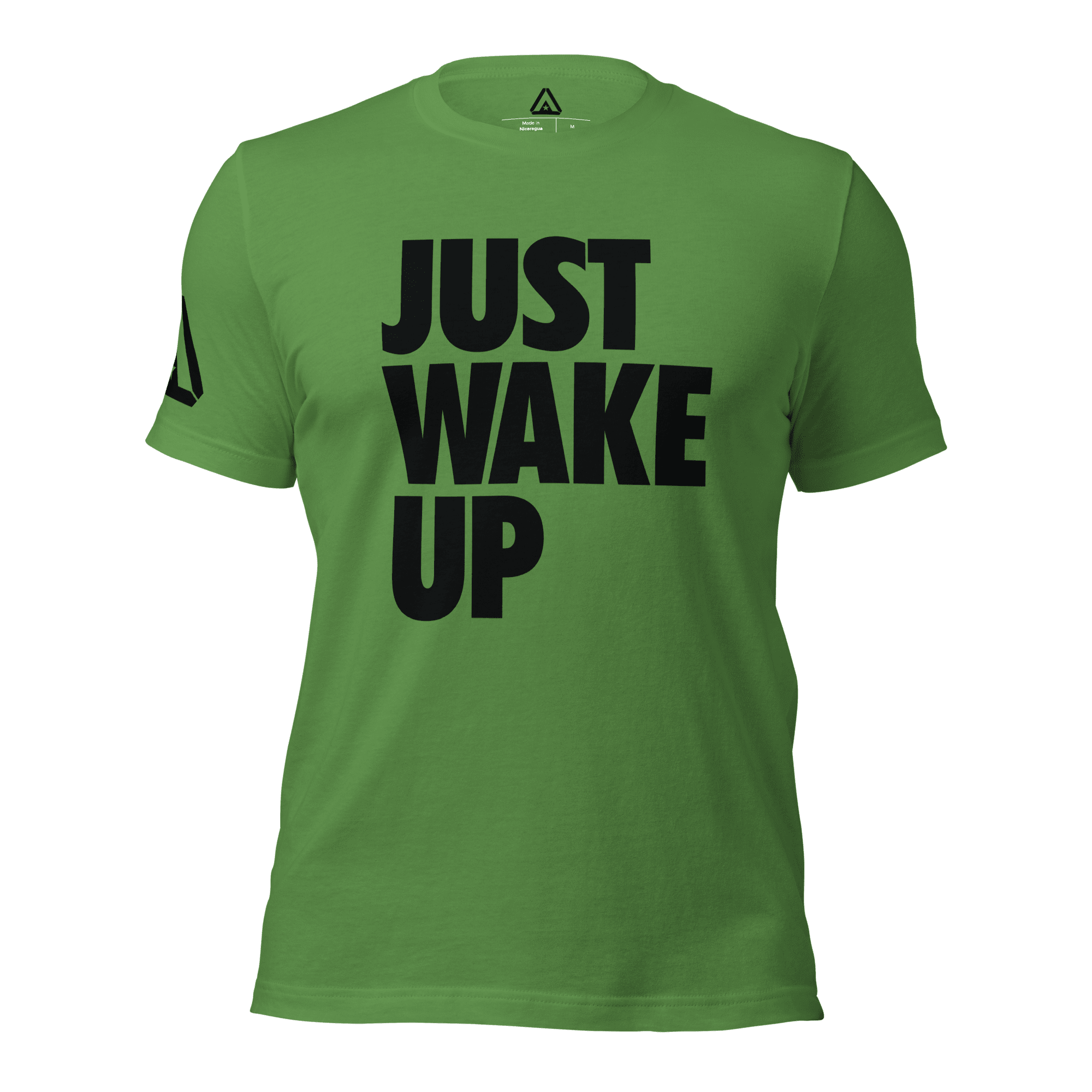 Lighter Green t-shirt, three-quarter view angled to the right, featuring the text "JUST WAKE UP" and a DIA logo.