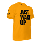 Gold orange t-shirt, three-quarter view angled to the left, featuring "JUST WAKE UP" text and a DIA logo.
