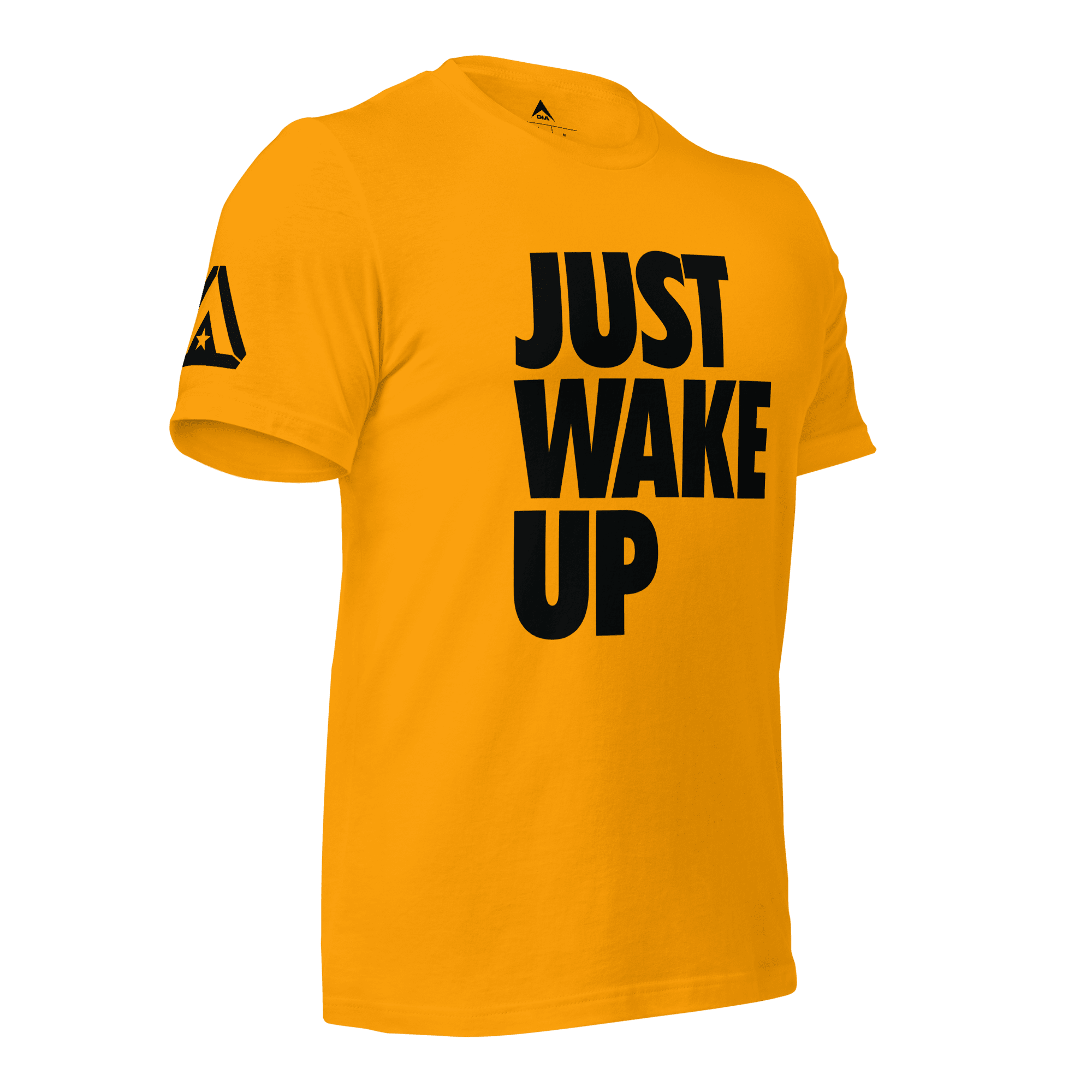 Gold orange t-shirt, three-quarter view angled to the left, featuring "JUST WAKE UP" text and a DIA logo.