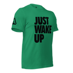 Kelly green t-shirt, three-quarter view angled to the left, featuring "JUST WAKE UP" text and a DIA logo.
