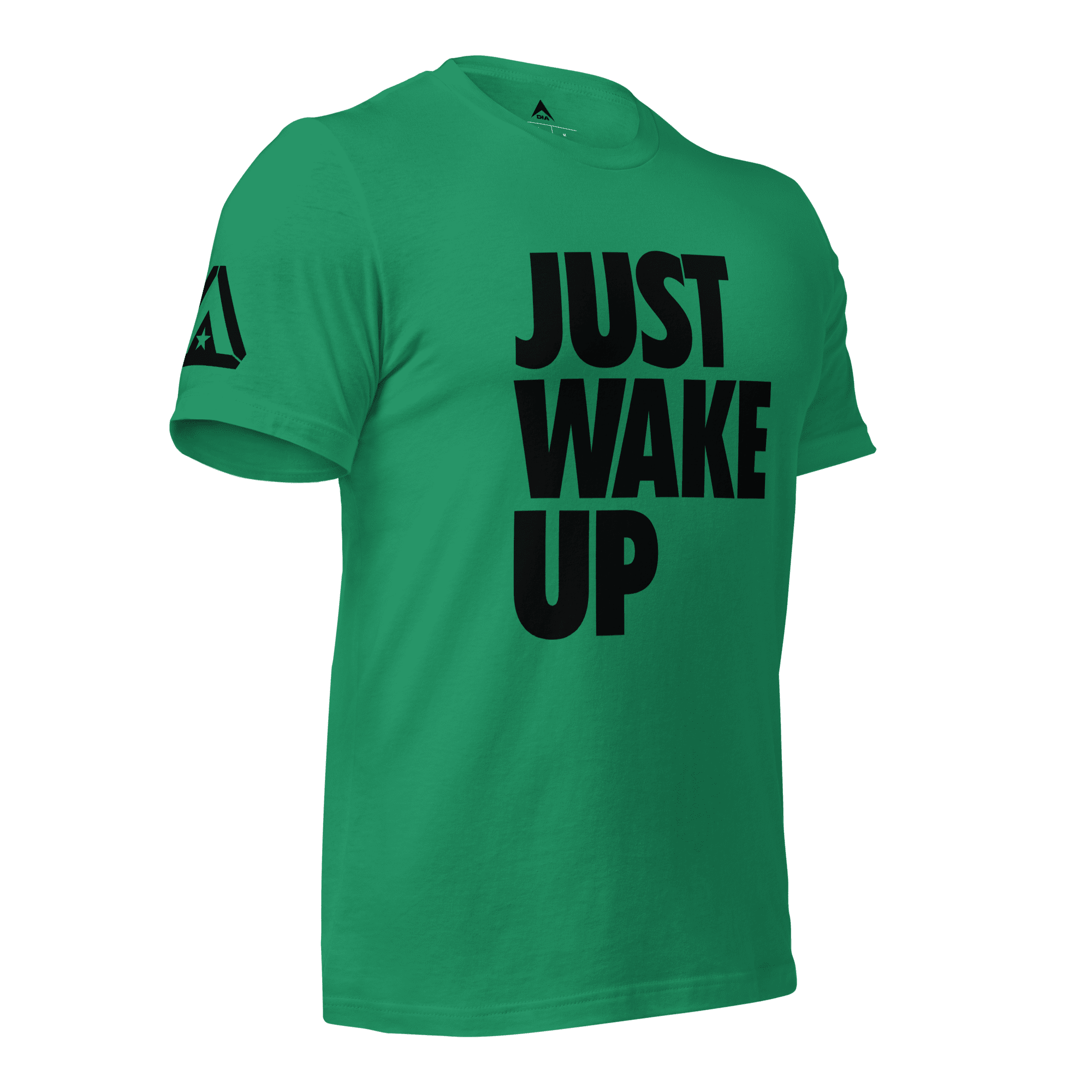 Kelly green t-shirt, three-quarter view angled to the left, featuring "JUST WAKE UP" text and a DIA logo.