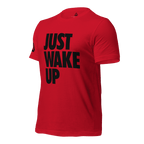 A Red t-shirt, three-quarter view angled to the right, featuring the text "JUST WAKE UP" and a DIA logo visible.