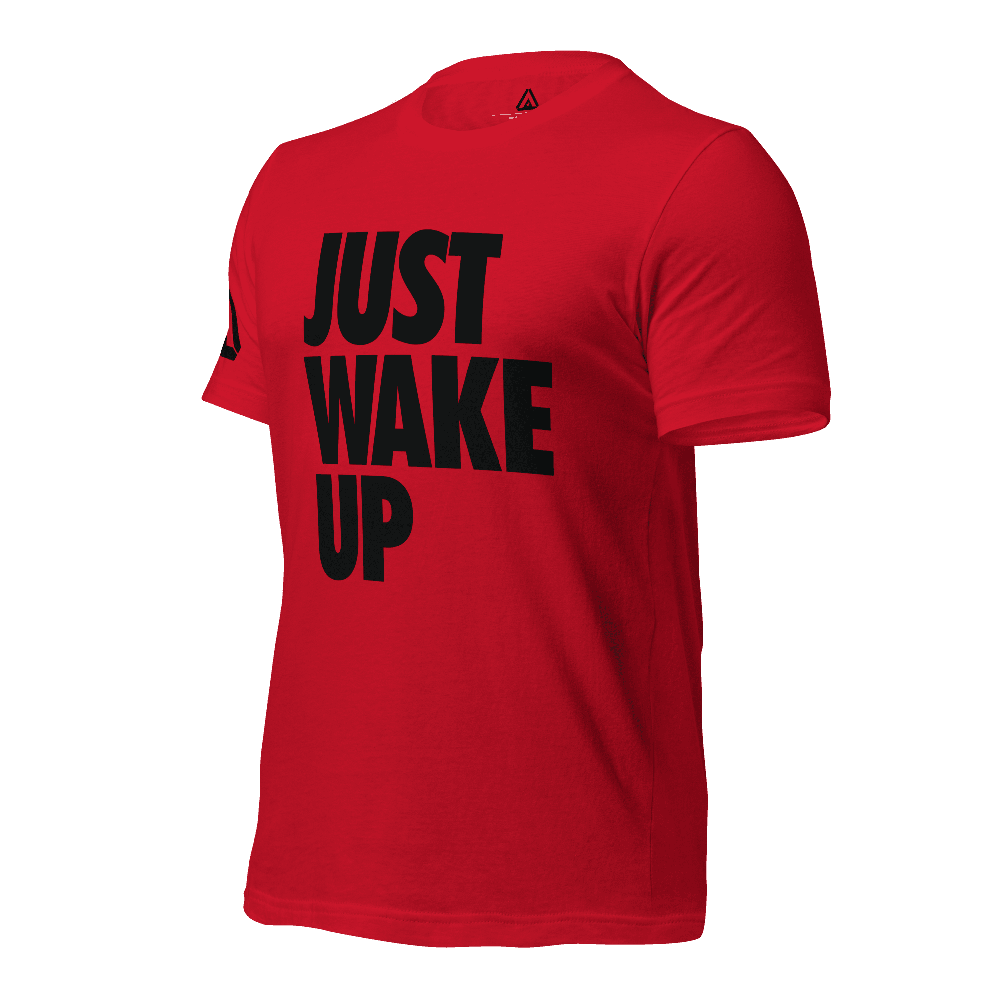 A Red t-shirt, three-quarter view angled to the right, featuring the text "JUST WAKE UP" and a DIA logo visible.