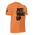 Burnt orange t-shirt, three-quarter view angled to the left, featuring "JUST WAKE UP" text and a DIA logo.