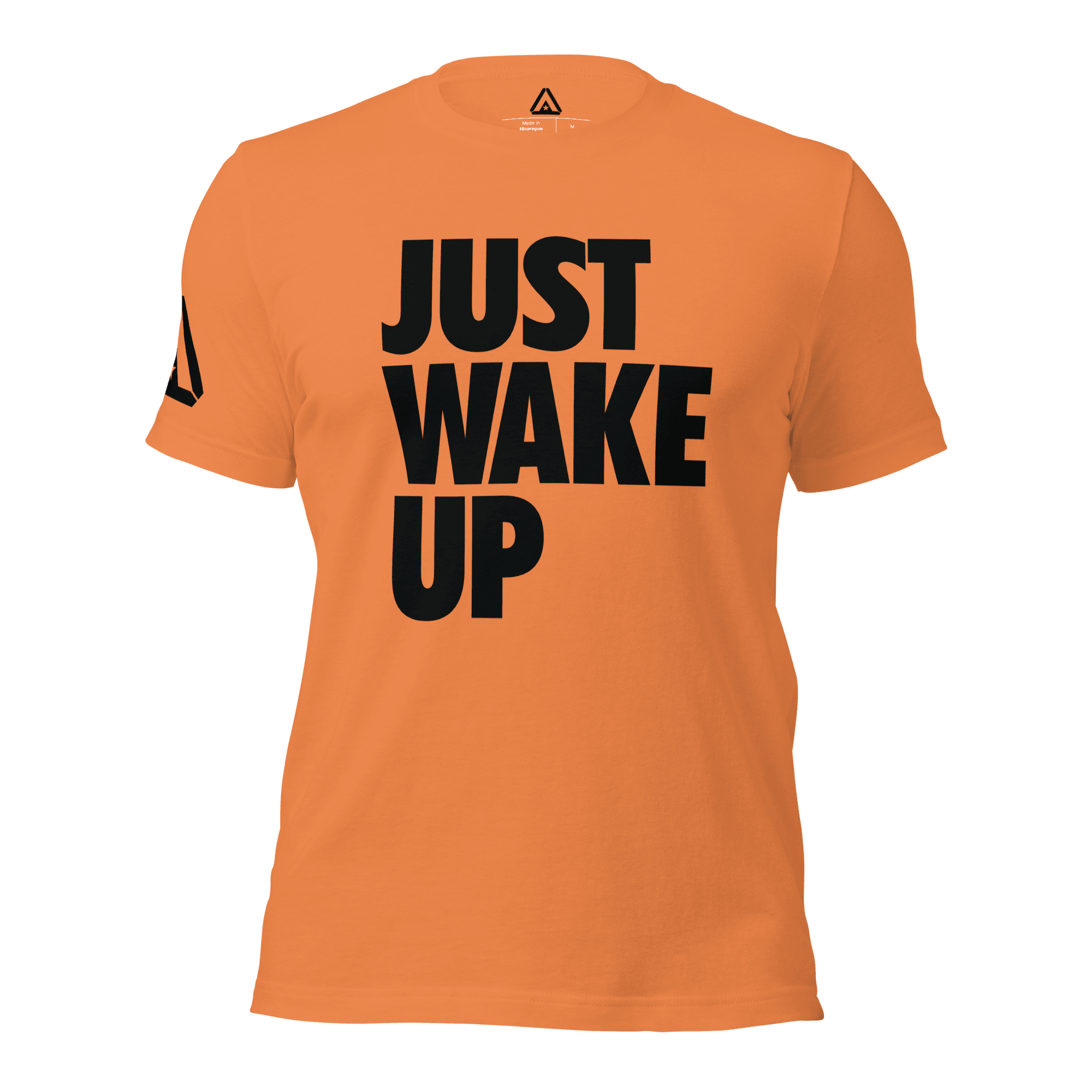 Orange t-shirt, front view, featuring the text "JUST WAKE UP" in a bold black font and a DIA logo.