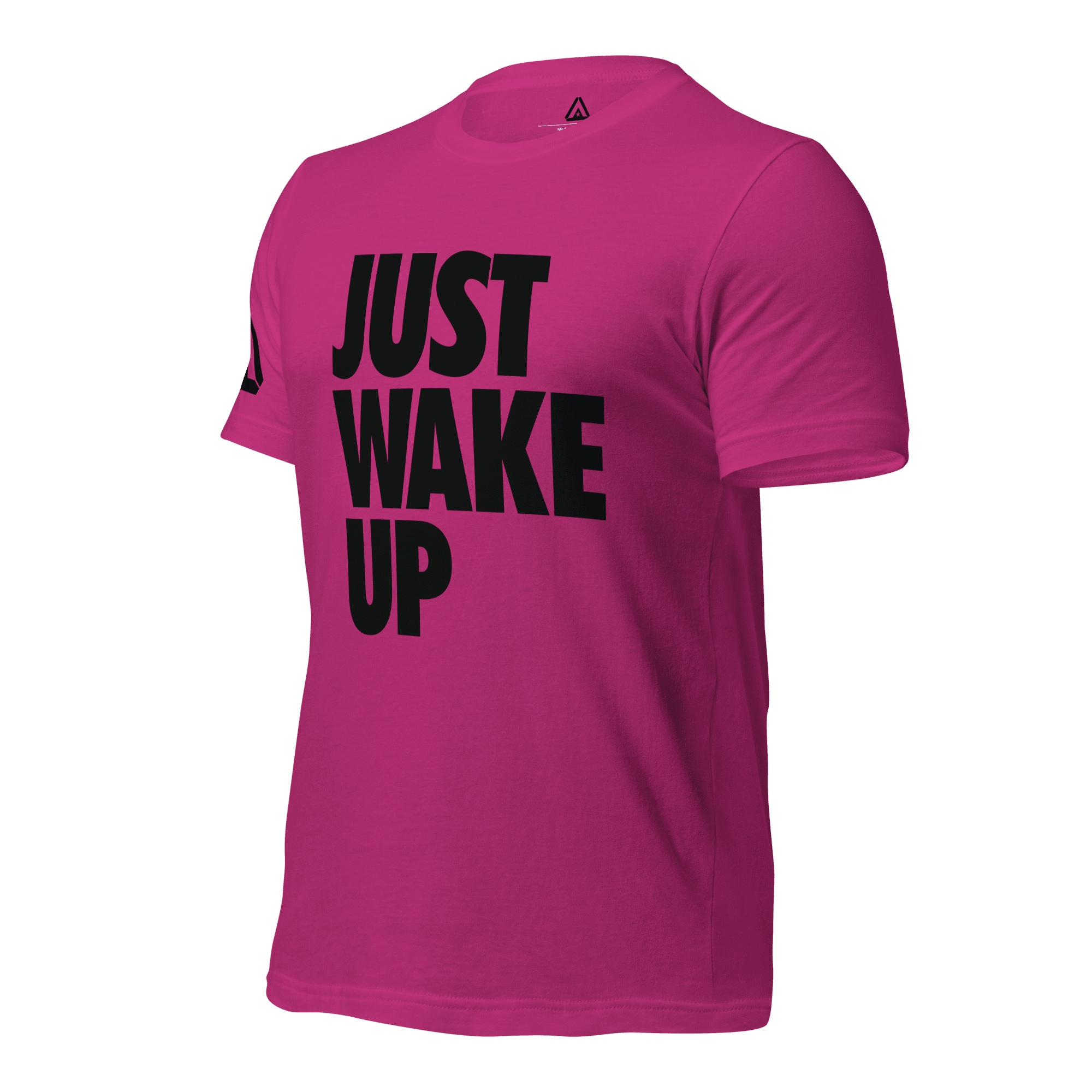 Magenta t-shirt, three-quarter view angled to the right, featuring "JUST WAKE UP" text