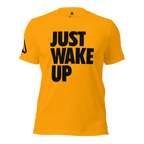 Gold t-shirt, front view, featuring the text "JUST WAKE UP" in a bold black font and a DIA logo.