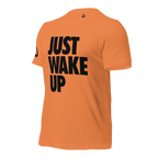 Orange t-shirt, three-quarter view angled to the right, featuring "JUST WAKE UP" text