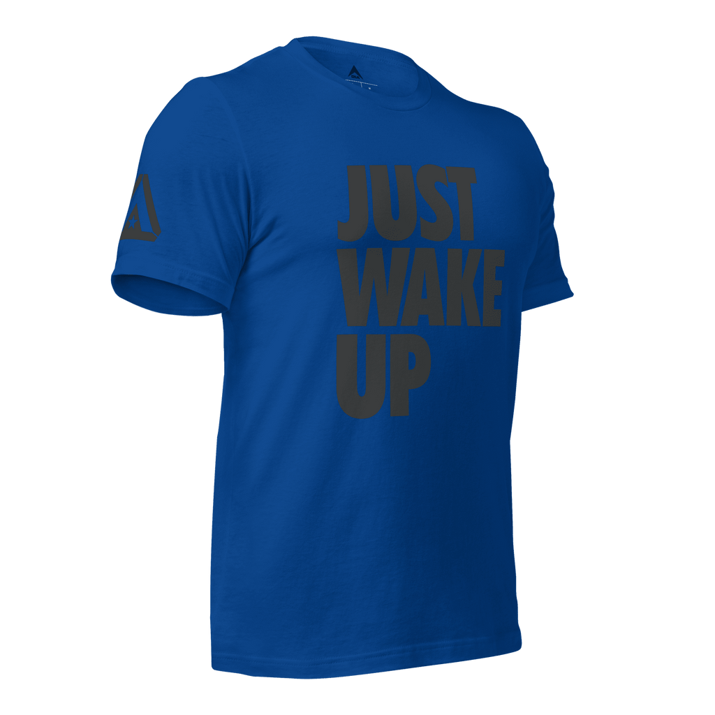 True royal blue t-shirt, three-quarter view angled to the left, featuring "JUST WAKE UP" text and a DIA logo.