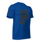 True royal blue t-shirt, three-quarter view angled to the left, featuring "JUST WAKE UP" text and a DIA logo.