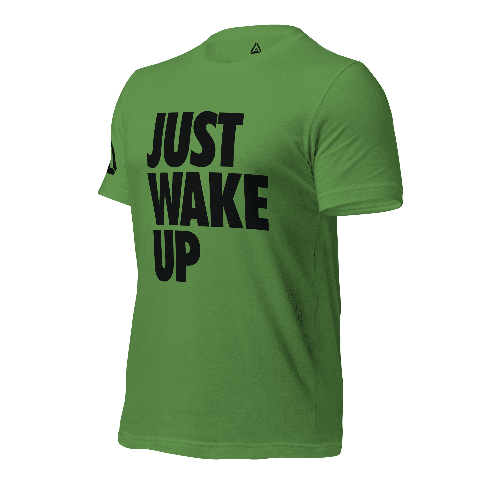 Lighter green t-shirt, three-quarter view angled to the right, featuring the text "JUST WAKE UP" and a DIA logo.