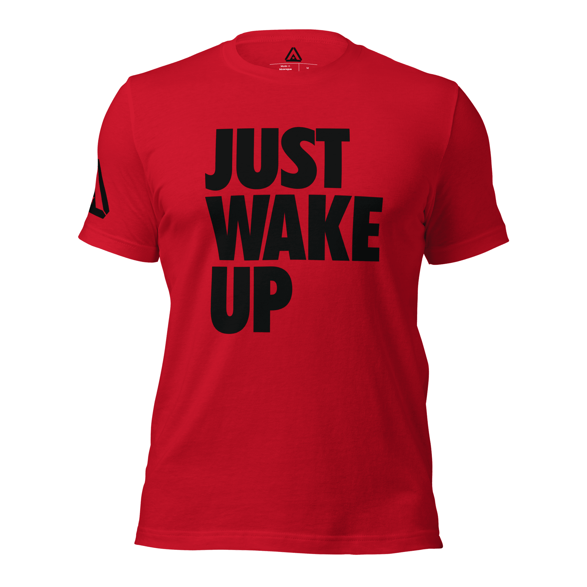 A Red t-shirt, front view, featuring the text "JUST WAKE UP" in a bold black font and a DIA logo.