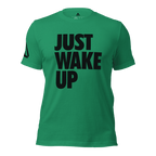 Kelly green t-shirt, front view, featuring the text "JUST WAKE UP" in a bold black font and a DIA logo.