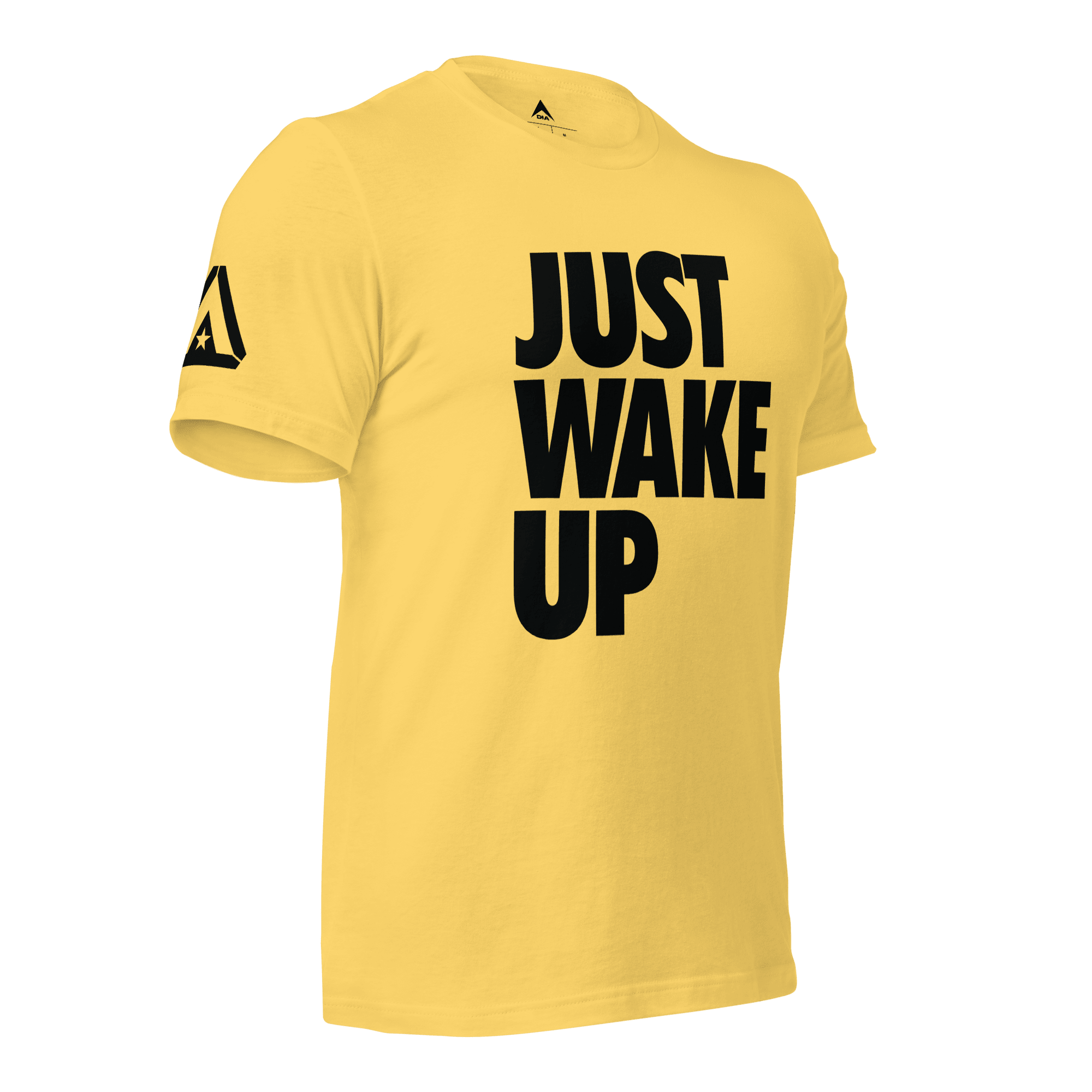 Yellow t-shirt, three-quarter view angled to the left, featuring "JUST WAKE UP" text and a DIA logo.