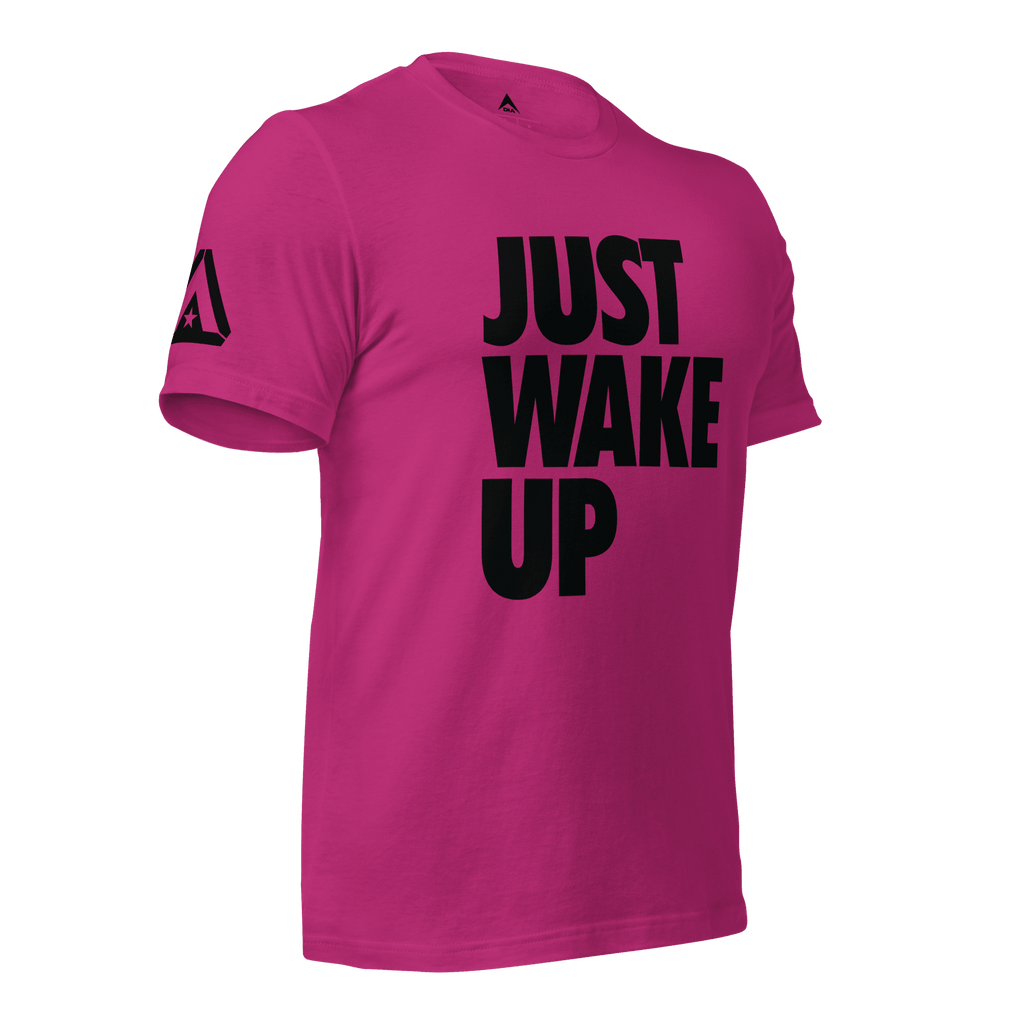 Berry pink t-shirt, three-quarter view angled to the left, featuring "JUST WAKE UP" text and a DIA logo.