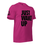 Berry pink t-shirt, three-quarter view angled to the left, featuring "JUST WAKE UP" text and a DIA logo.