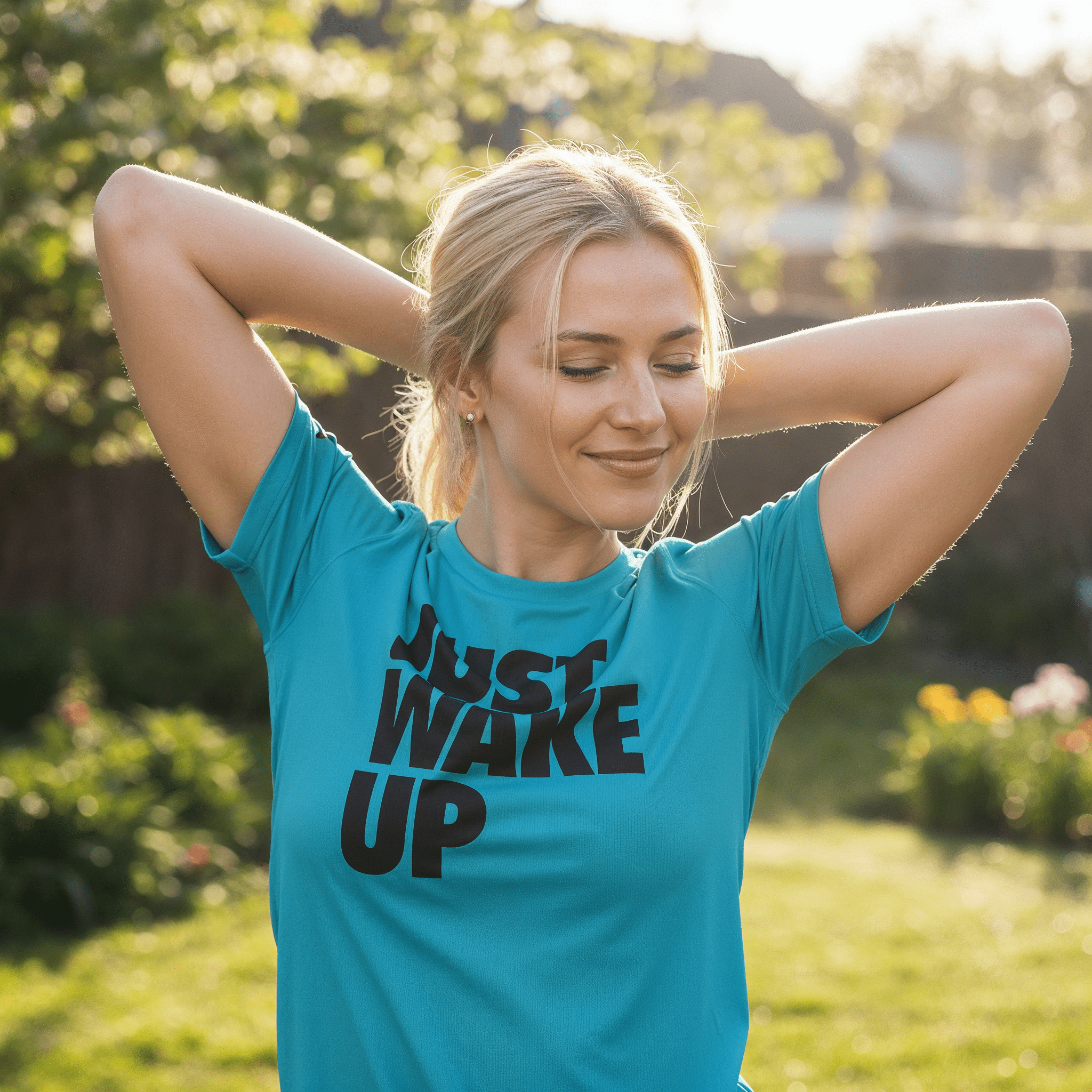 A woman with blonde hair, in a sunlit garden, wears a bright blue t-shirt featuring the text "JUST WAKE UP".