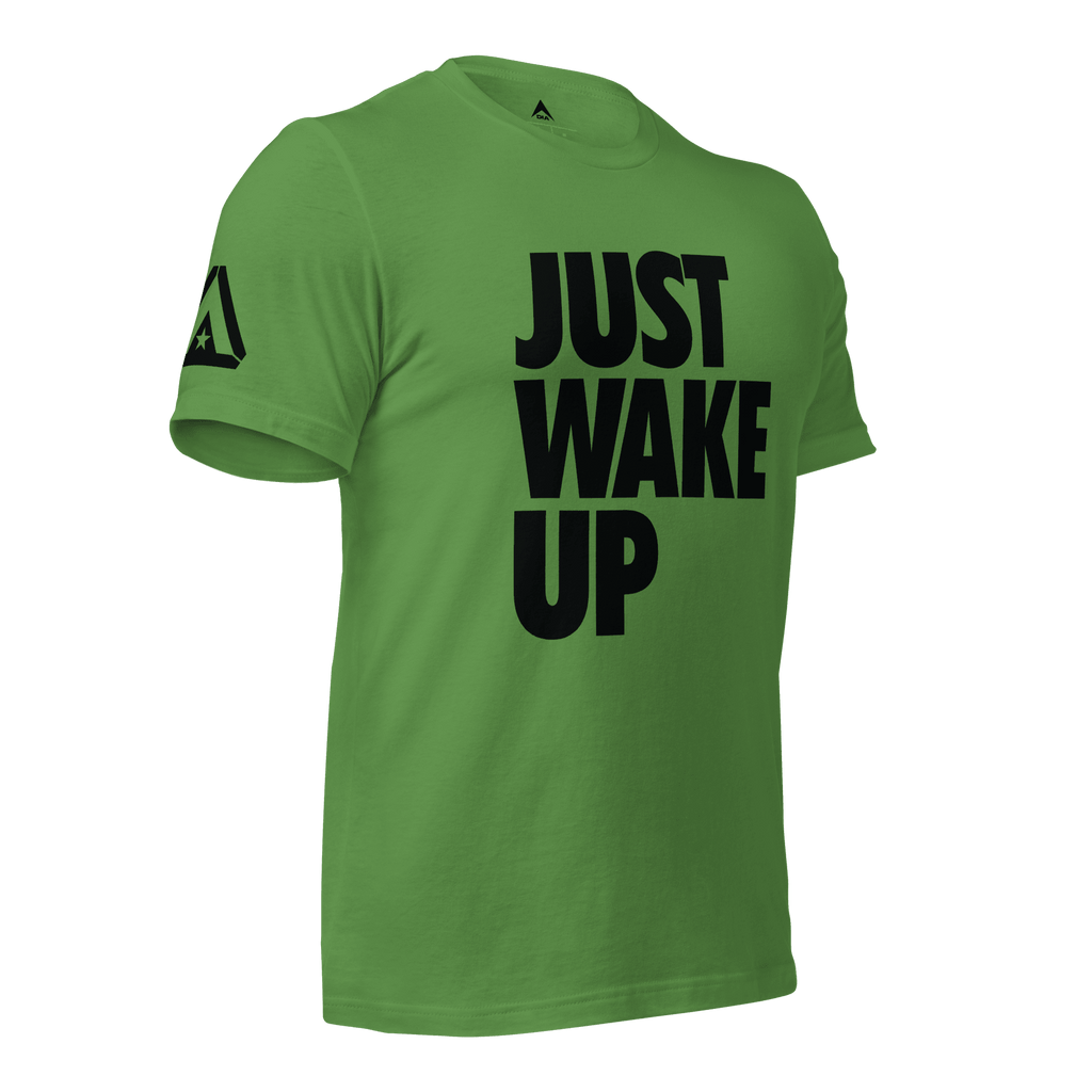 Leaf green t-shirt, three-quarter view angled to the left, featuring "JUST WAKE UP" text and a DIA logo.