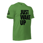Leaf green t-shirt, three-quarter view angled to the left, featuring "JUST WAKE UP" text and a DIA logo.