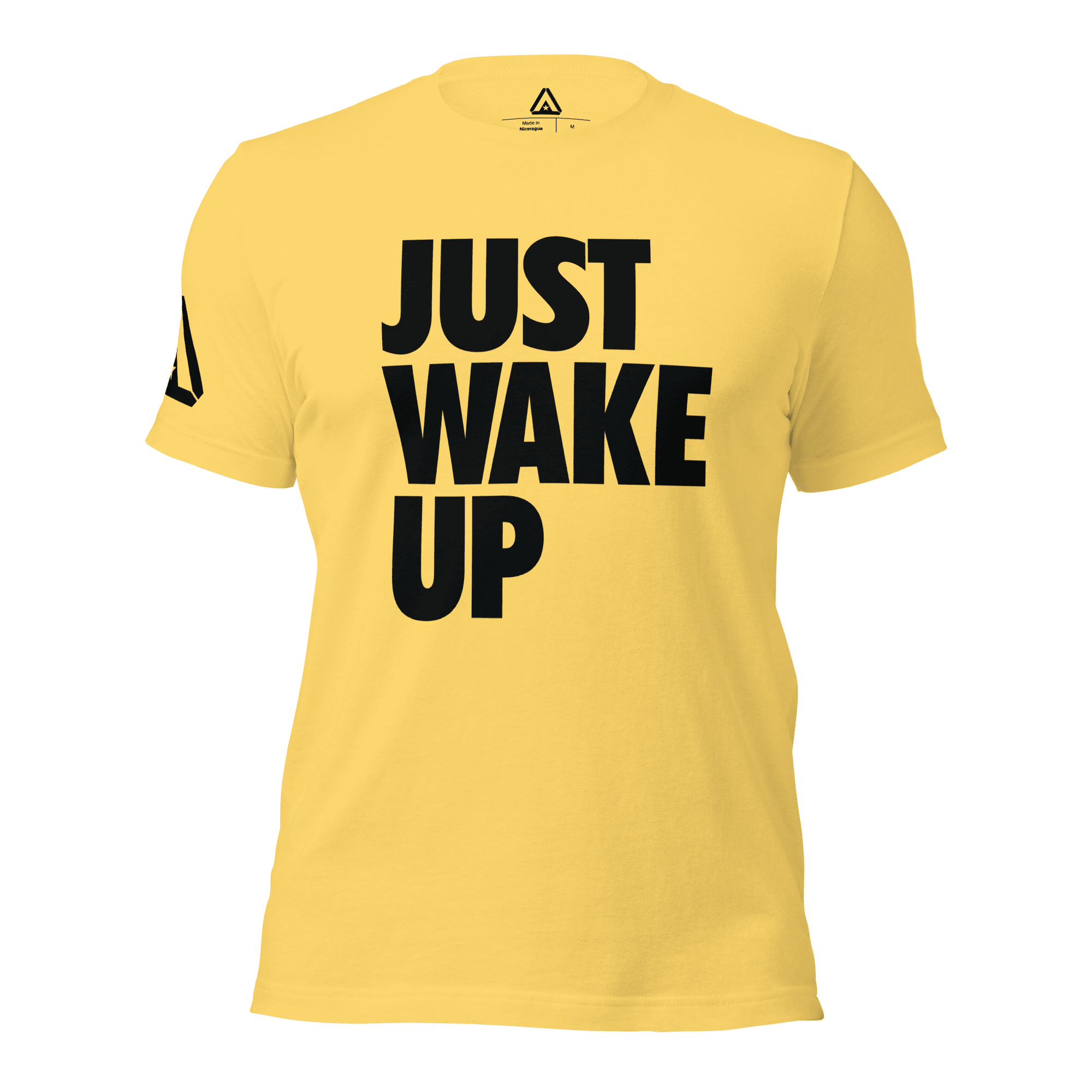 Yellow t-shirt, front view, featuring the text "JUST WAKE UP" in a bold black font and a DIA logo.