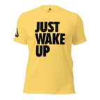 Yellow t-shirt, front view, featuring the text "JUST WAKE UP" in a bold black font and a DIA logo.