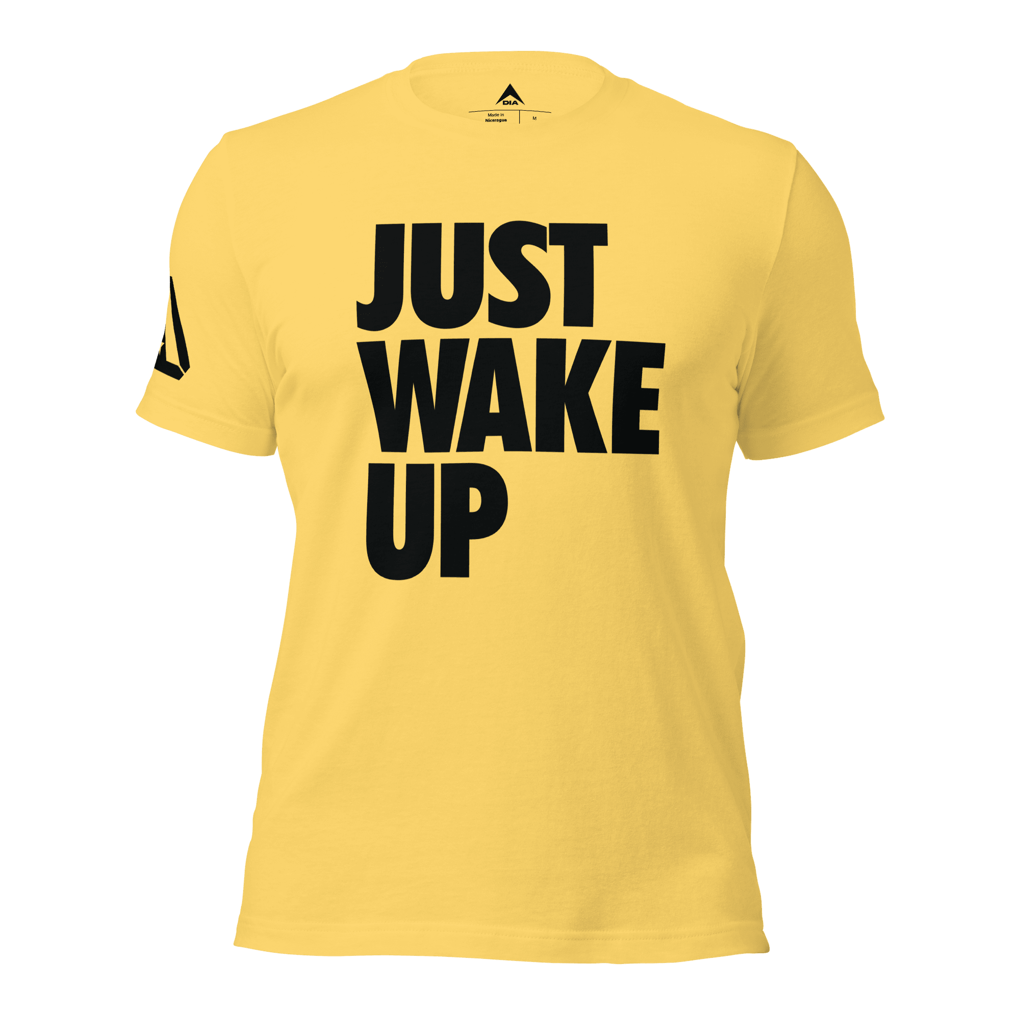 Yellow t-shirt, front view, featuring the text "JUST WAKE UP" in a bold black font and a DIA logo.