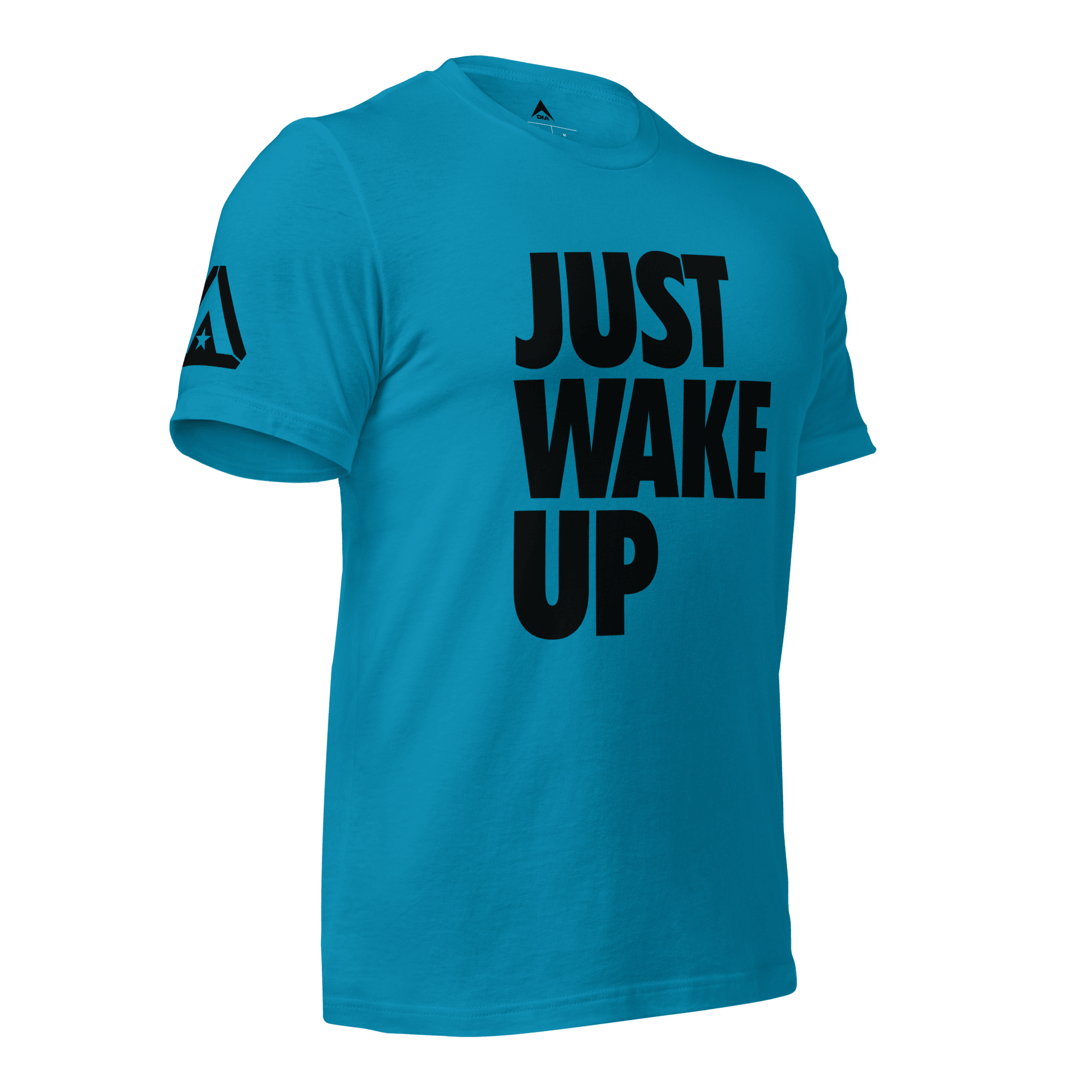 Bright blue t-shirt, three-quarter view angled to the left, featuring "JUST WAKE UP" text and a DIA logo.