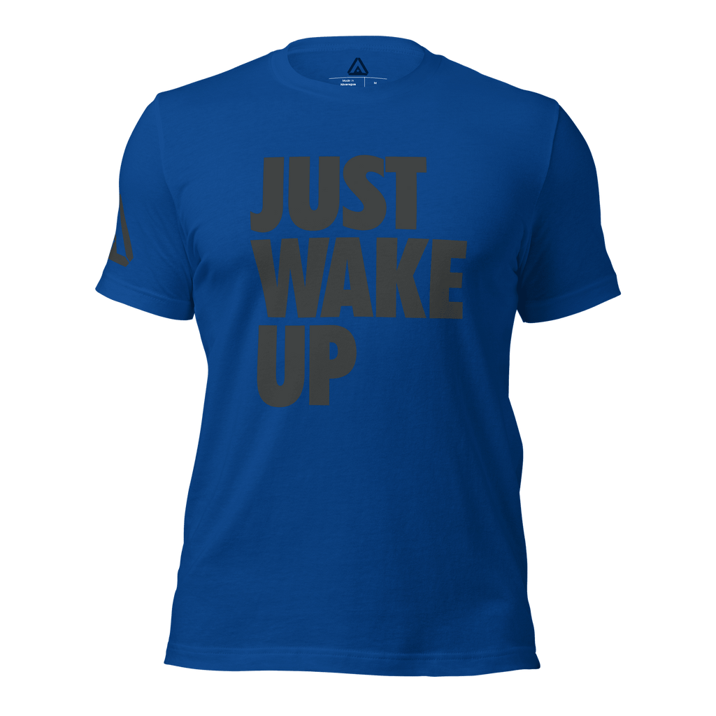 Royal blue t-shirt, front view, featuring the text "JUST WAKE UP" in a dark grey font and a DIA logo.