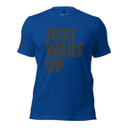 Royal blue t-shirt, front view, featuring the text "JUST WAKE UP" in a dark grey font and a DIA logo.