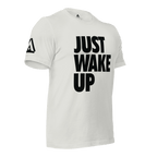 Silver t-shirt, three-quarter view angled to the left, featuring "JUST WAKE UP" text and a DIA logo.