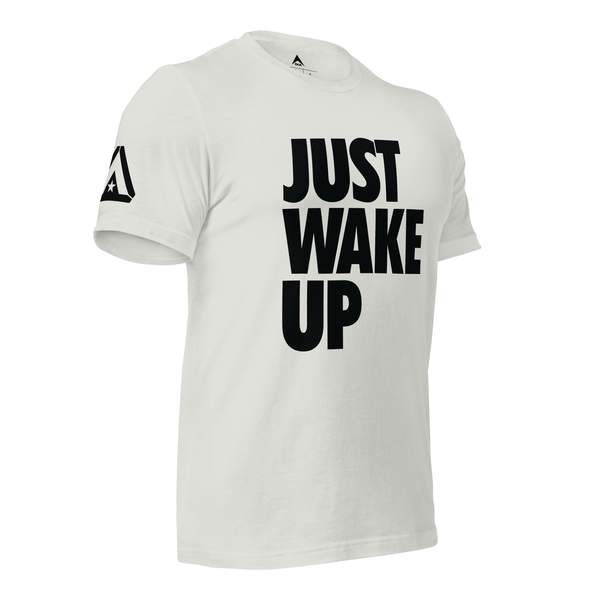 Silver t-shirt, three-quarter view angled to the left, featuring "JUST WAKE UP" text and a DIA logo.