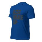 Royal blue t-shirt, three-quarter view angled to the right, featuring "JUST WAKE UP" text and a DIA logo.