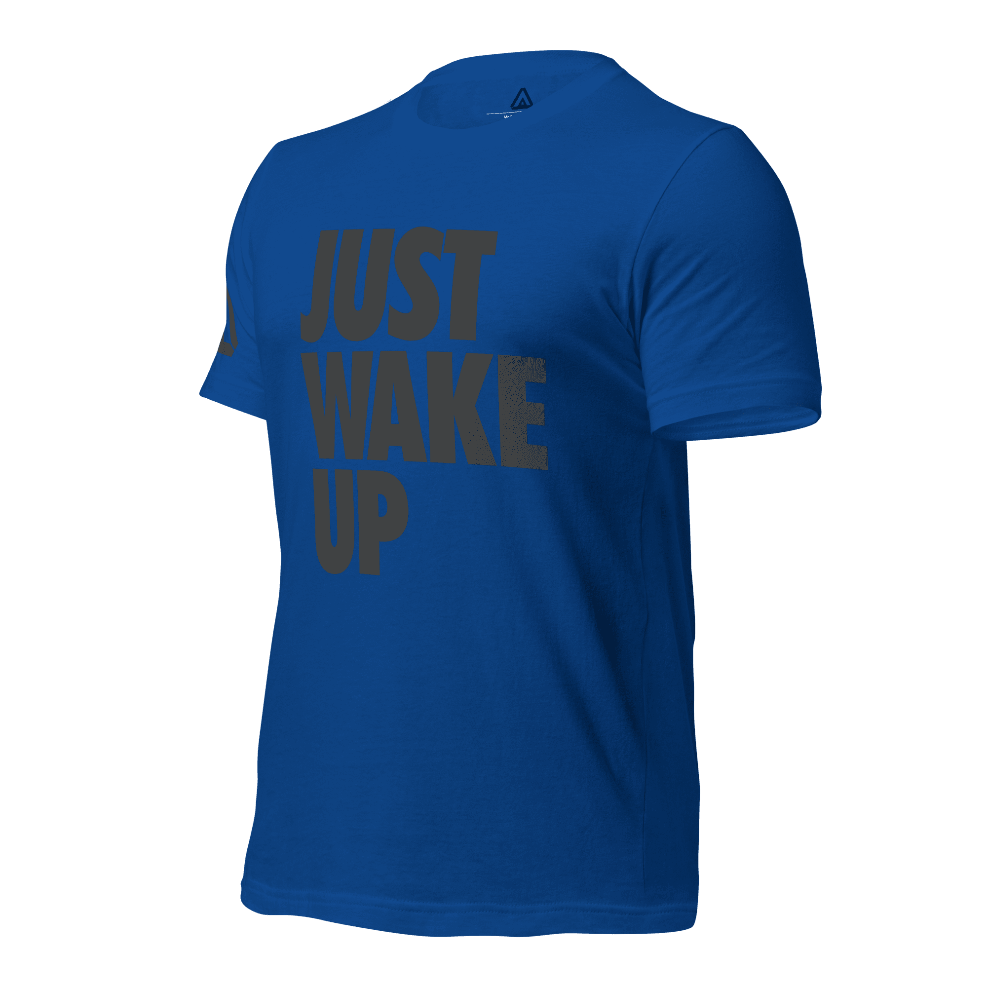 Royal blue t-shirt, three-quarter view angled to the right, featuring "JUST WAKE UP" text and a DIA logo.