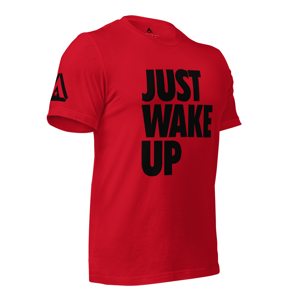 Red green t-shirt, three-quarter view angled to the left, featuring "JUST WAKE UP" text and a DIA logo.