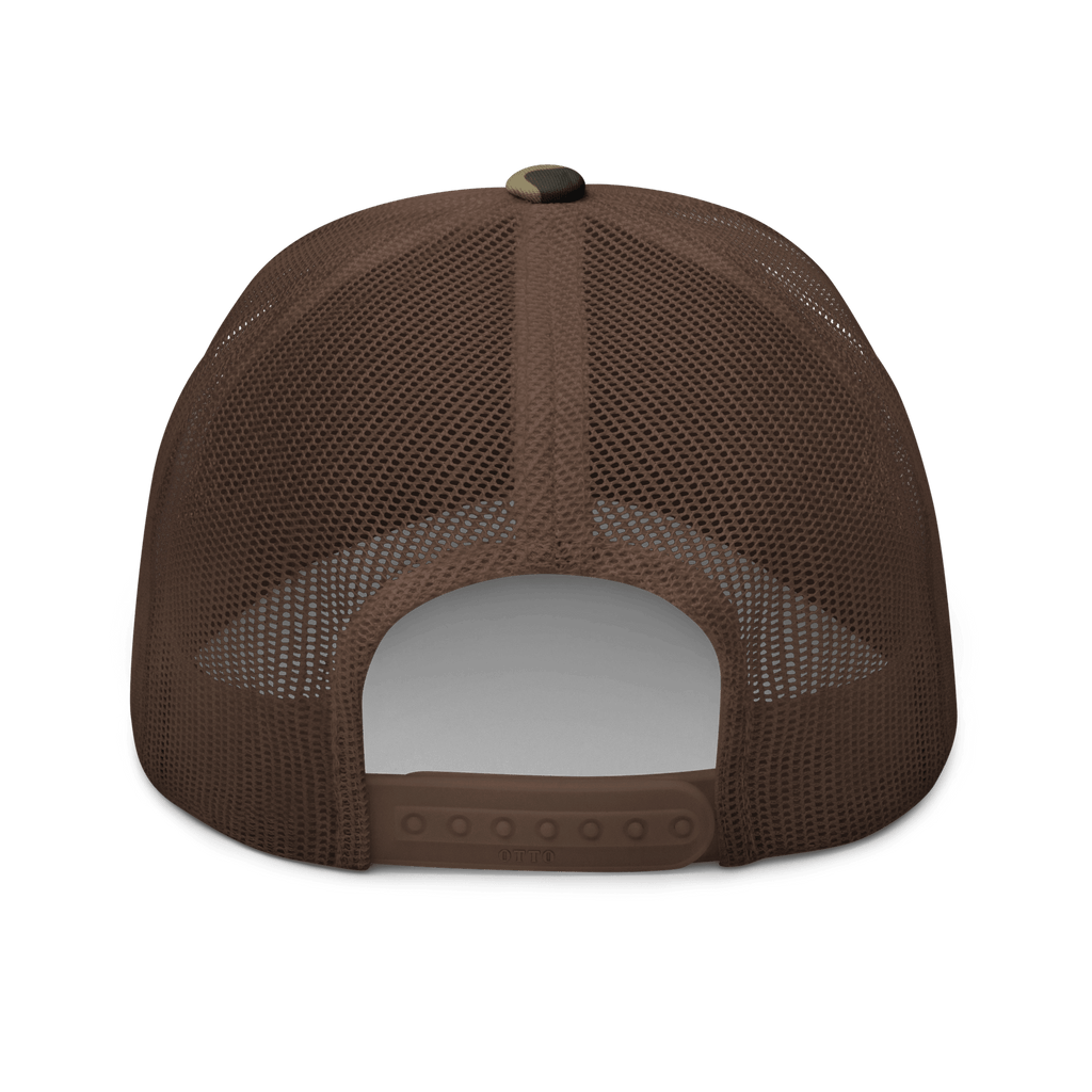 Brown/Camo Abbey Gate Trucker Hat back view with adjustable strap and mesh panel