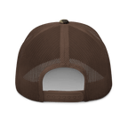 Brown/Camo Abbey Gate Trucker Hat back view with adjustable strap and mesh panel
