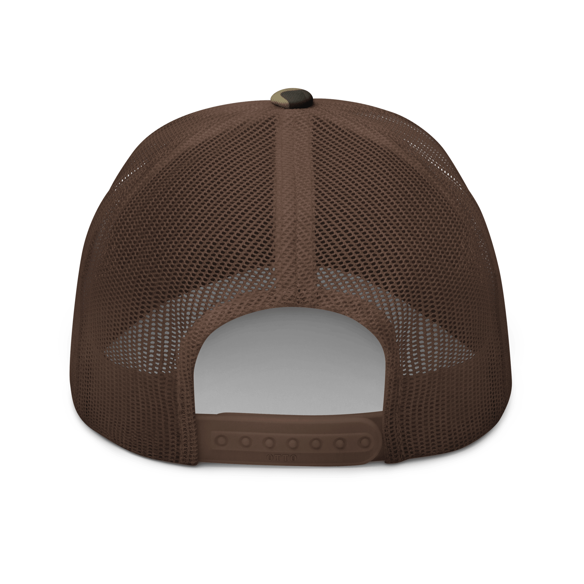 Brown/Camo Abbey Gate Trucker Hat back view with adjustable strap and mesh panel
