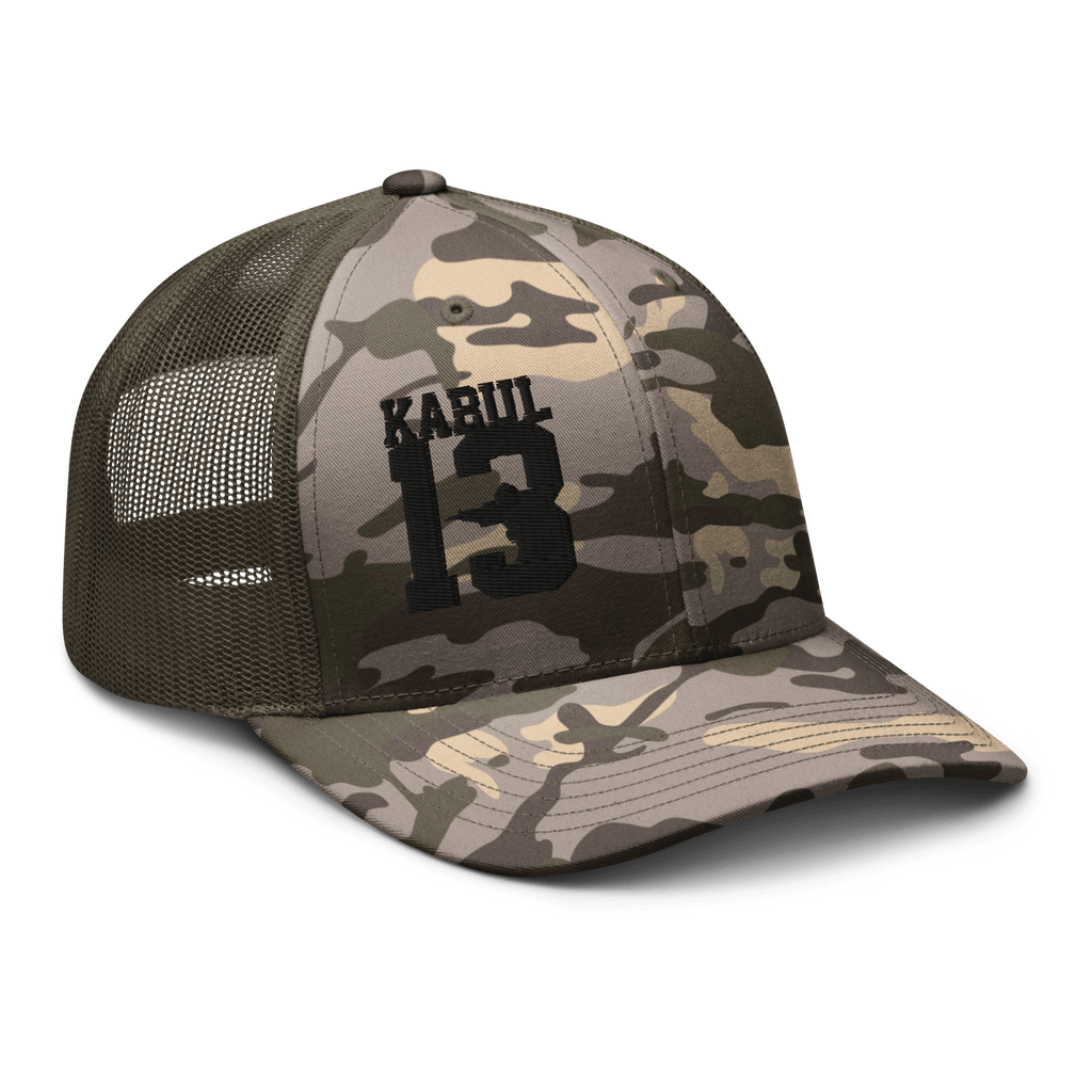 Olive/Camo Abbey Gate Trucker Hat angled left showing curved bill and crown texture