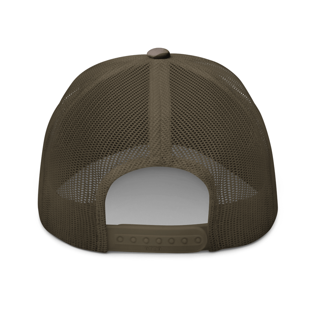Olive/Camo Abbey Gate Trucker Hat back view with snapback closure and mesh back panel